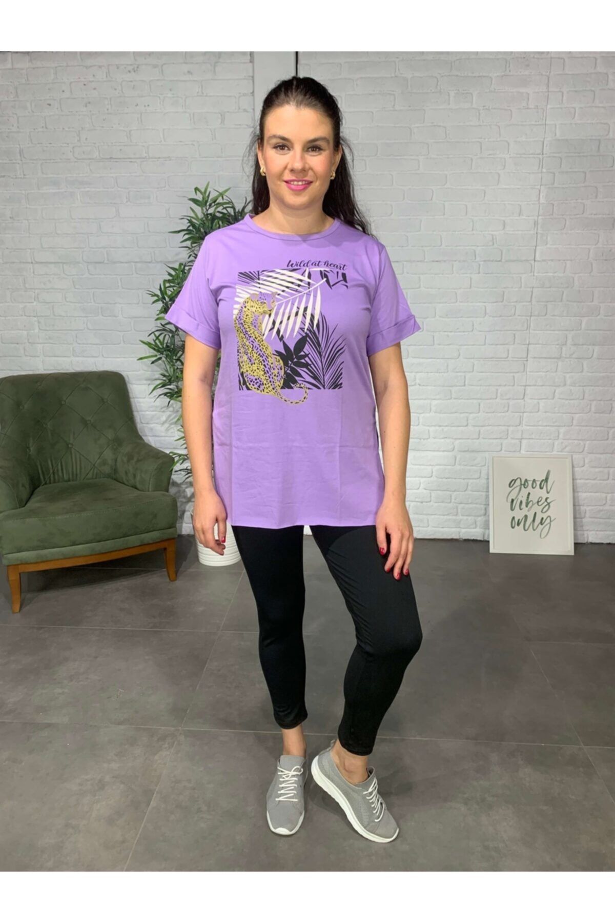 Roxxlen Kadın Lila Büyük Beden Baskılı T-shirt - 4413