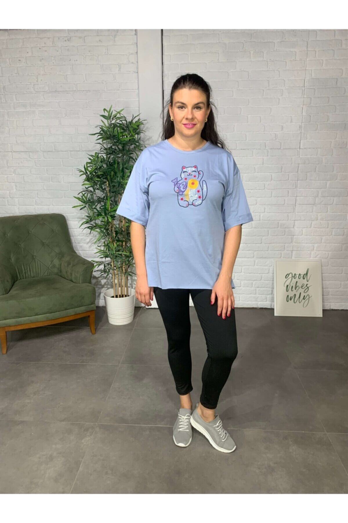 Roxxlen Kadın Lila Büyük Beden Baskılı T-shirt - 4412