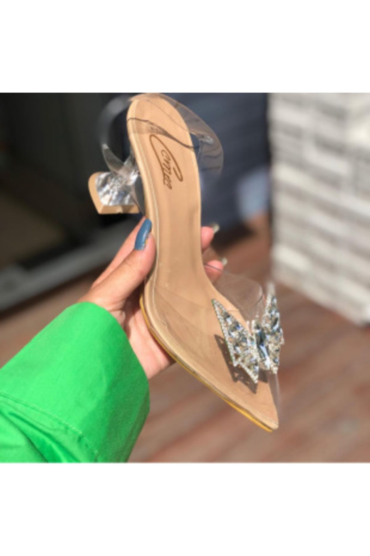 CEMRE Kadın Ten Taşlı Şeffaf Kadeh Ince Topuk Ayakkabı Açık Sivri Şeffaf Kelebek Stiletto Abiye
