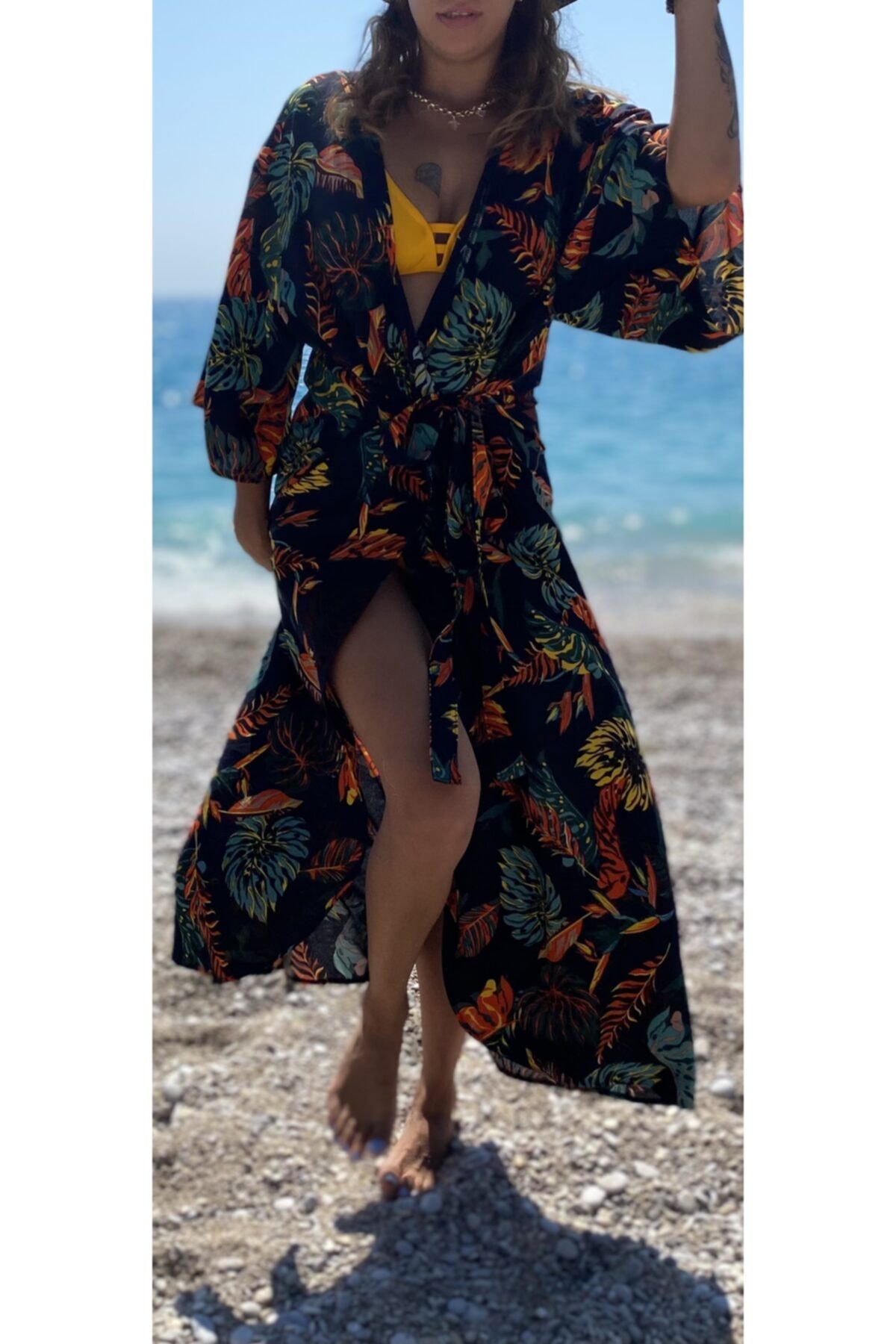 ab tasarım Tropikal Desenli Siyah Kaftan