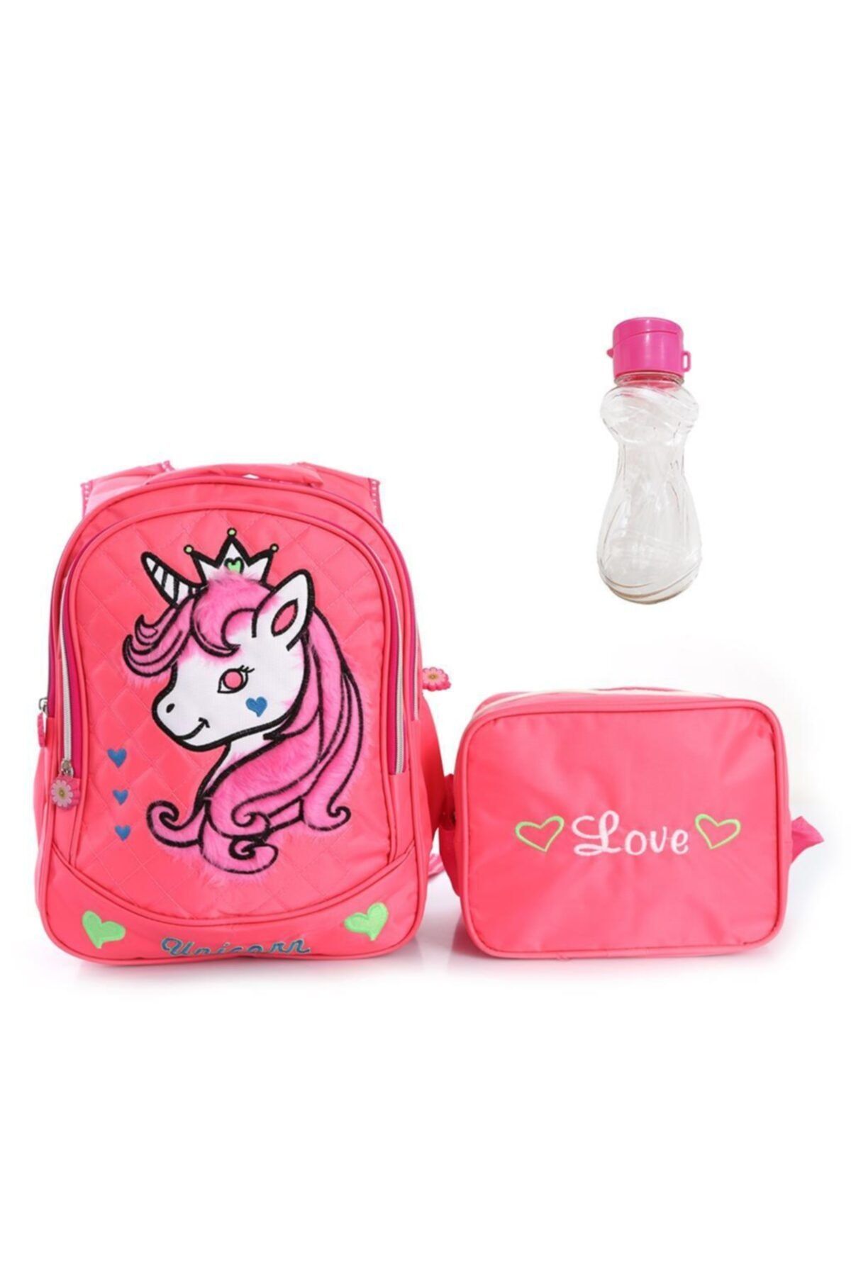 Mashotrend Fosfor Tüylü Unicorn Çanta + Beslenme + Suluk - Okul Çantası
