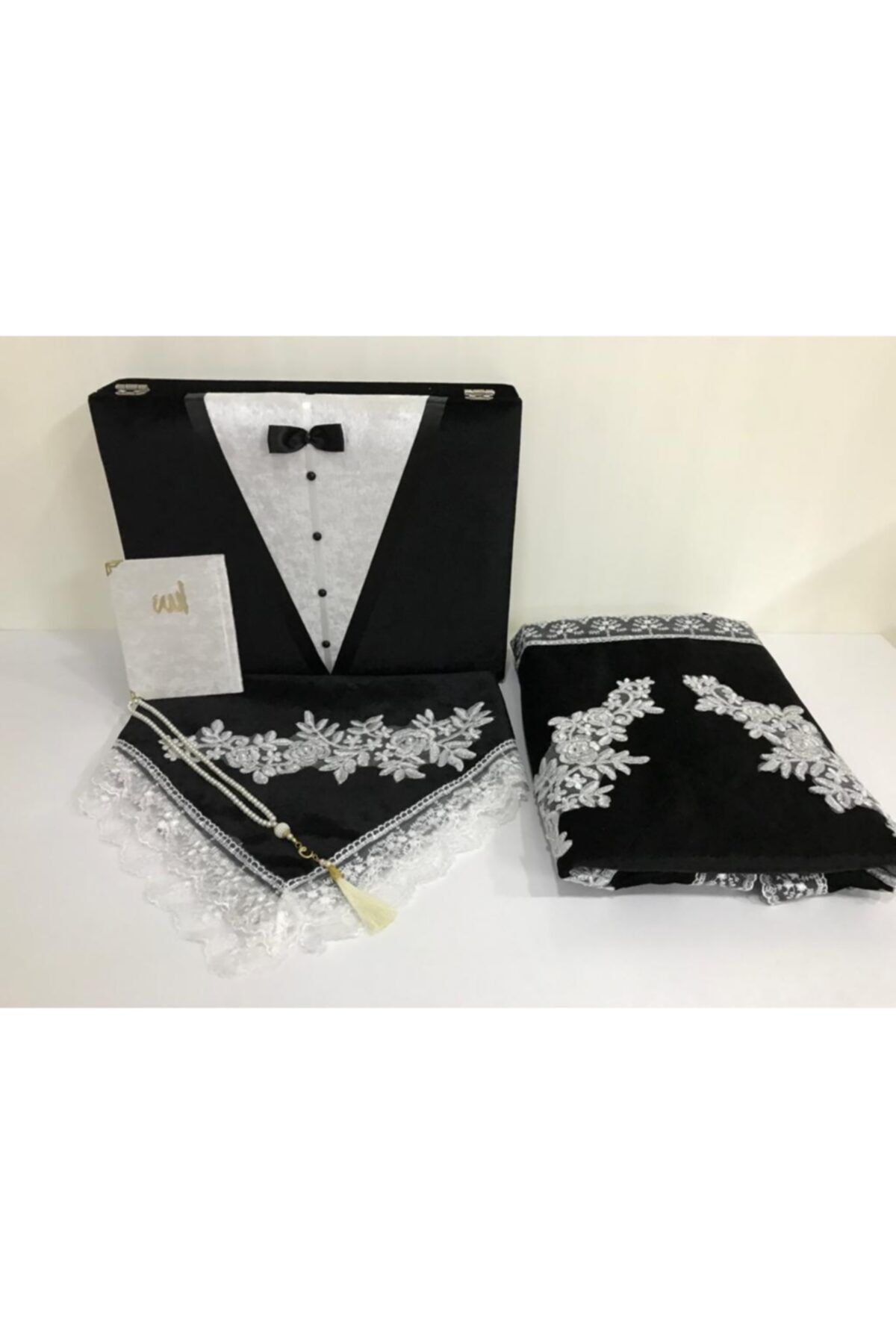 Lamazihome Lüks Siyah Damat Sandıklı 5 Parça Seccade Seti Bohça Takımı