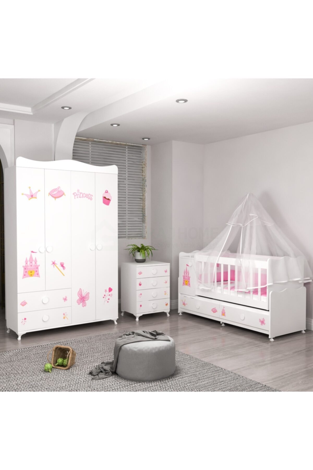 Garaj Home Pırlanta Yıldız 4lü Prenses Bebek Odası Takımı - Yatak Ve Uyku Seti Kombinli Uyku Seti Krem