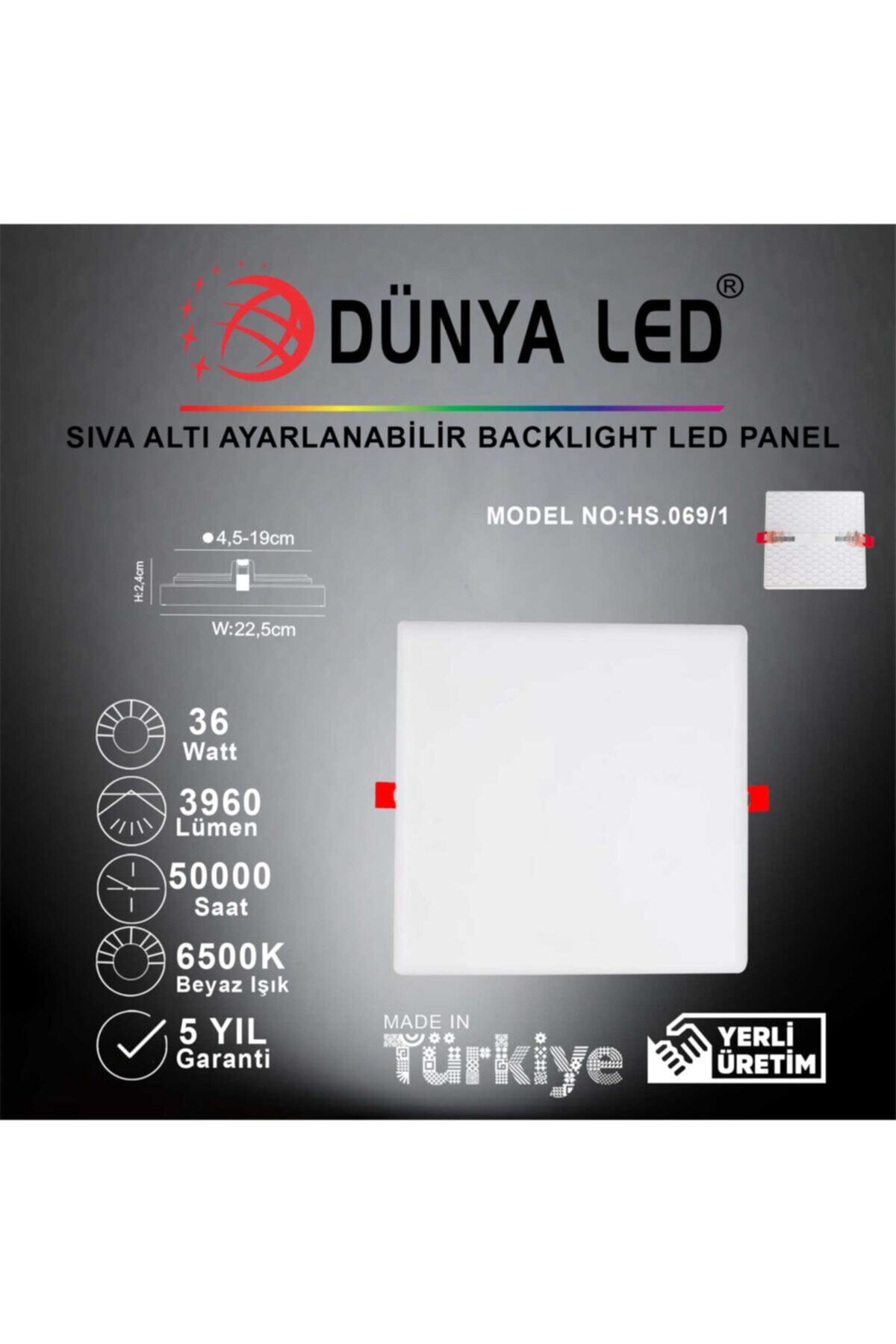 DÜNYA LED Hs.069/1 36w Sıva Altı Backlight Led Panel 6500k Beyaz Işık Kare