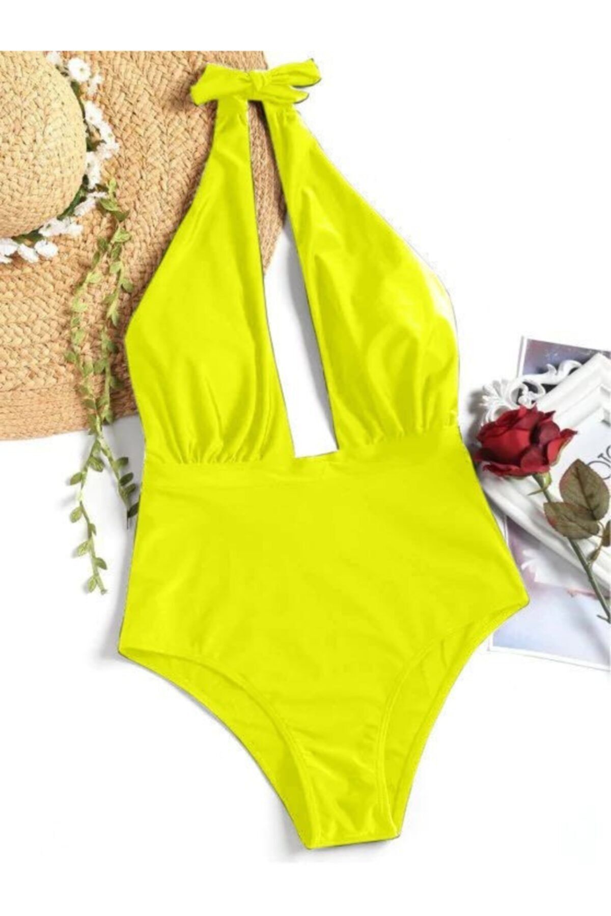DEEP BEACH Neon Sarı Boyundan Bağlı Mayo Db200566m