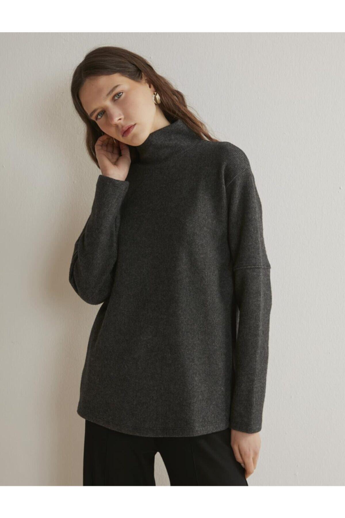 Jimmy Key Kadın Antrasit Melanj Yüksek Yaka Soft Touch Oversize Sweatshirt
