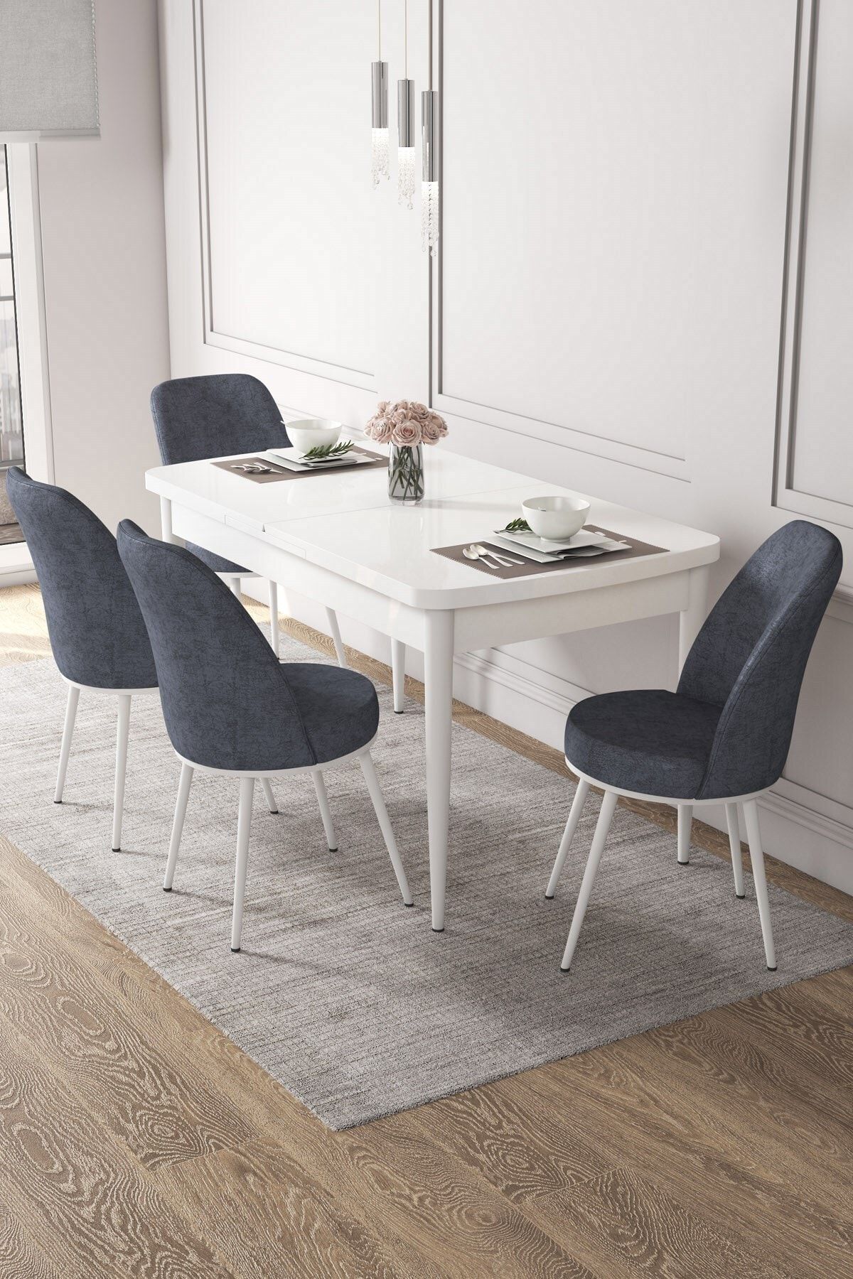 Canisa Concept Kor Serisi 70x114 Açılabilir Mutfak Masa Takımı, Beyaz Masa+4 Sandalye