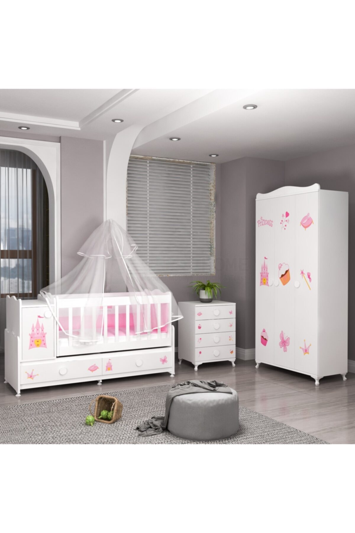 Garaj Home Pırlanta Yıldız 3 Lü Prenses Bebek Odası Takımı Yatak Ve Uyku Seti Kombinli Uyku Seti Mavi