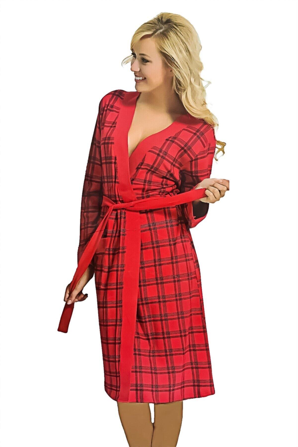 Şahnur Kadın Pamuk Kışlık Uzun Kol Sabahlık Kırmızı