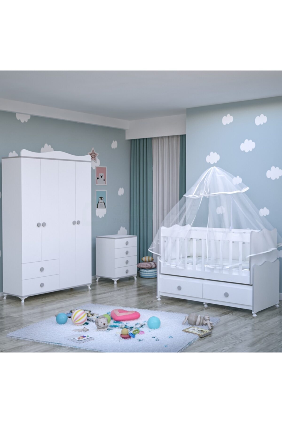 Garaj Home Elegant Yıldız 4 Kapaklı Bebek Odası Takımı Yatak Ve Uyku Seti Kombinli-gri Uyku Seti Mavi