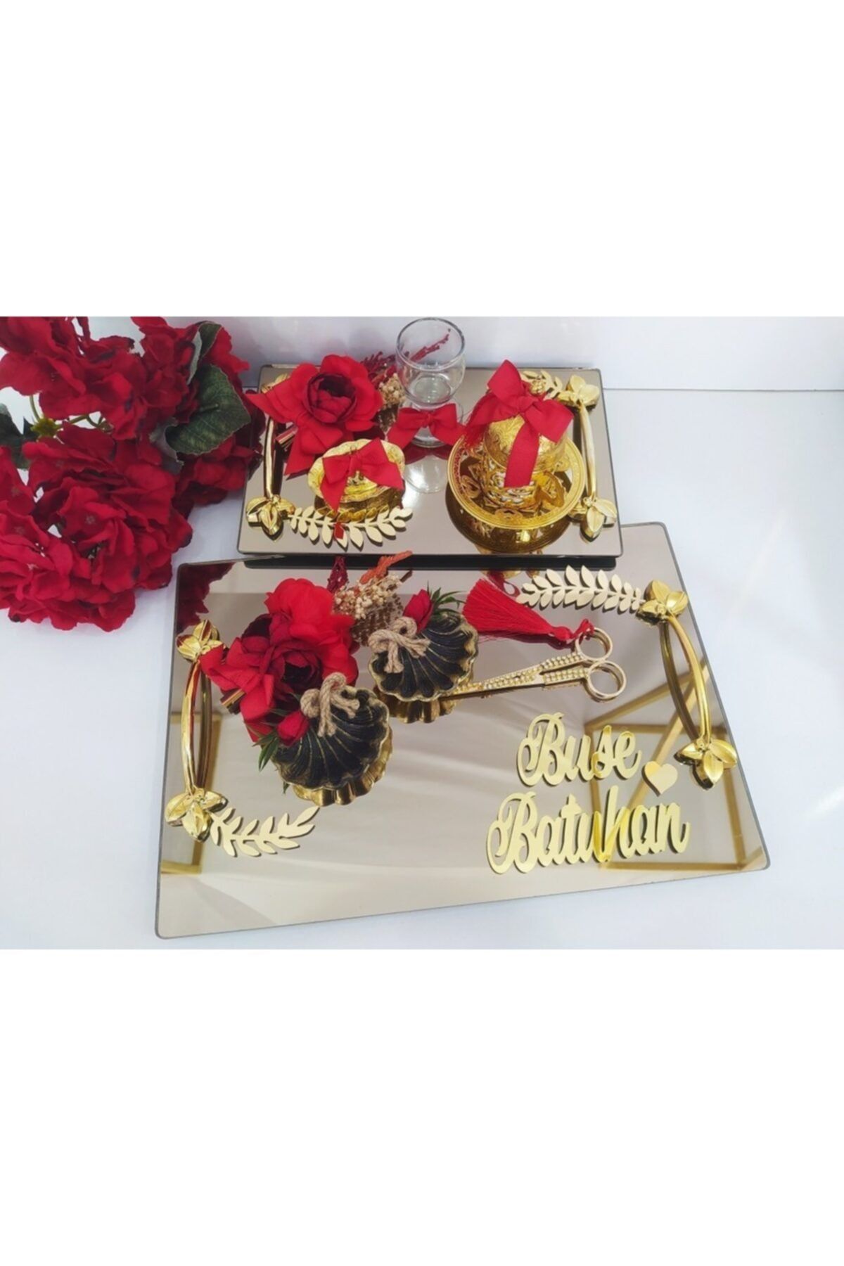 Beyaz Gelincik Tasarım Buse Ikili Söz Nişan Ve Damat Kahvesi Tepsi Seti
