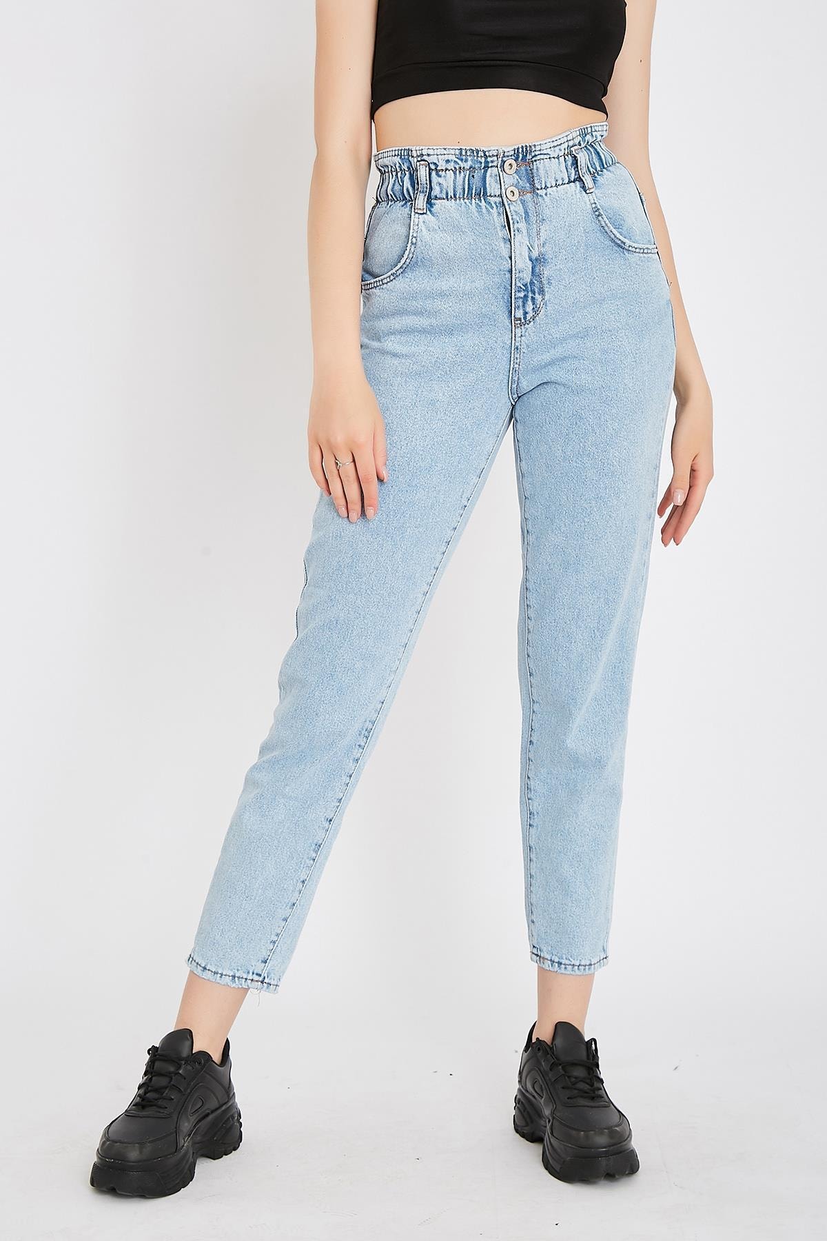 Lady Queen Beli Lastikli Paça Ve Cep Eskitmeli Mom Denim Jean