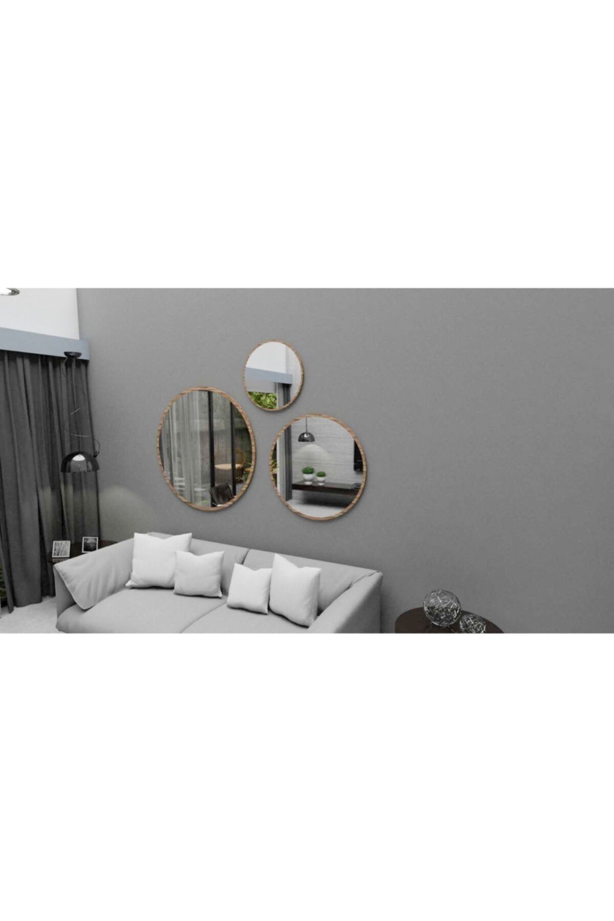 KLT Modüler Dekoratif Yuvarlak Ayna Kemençe Ceviz 3 Parça Banyo Salon Antre Hol Mutfak Duvar Ofis Banyo