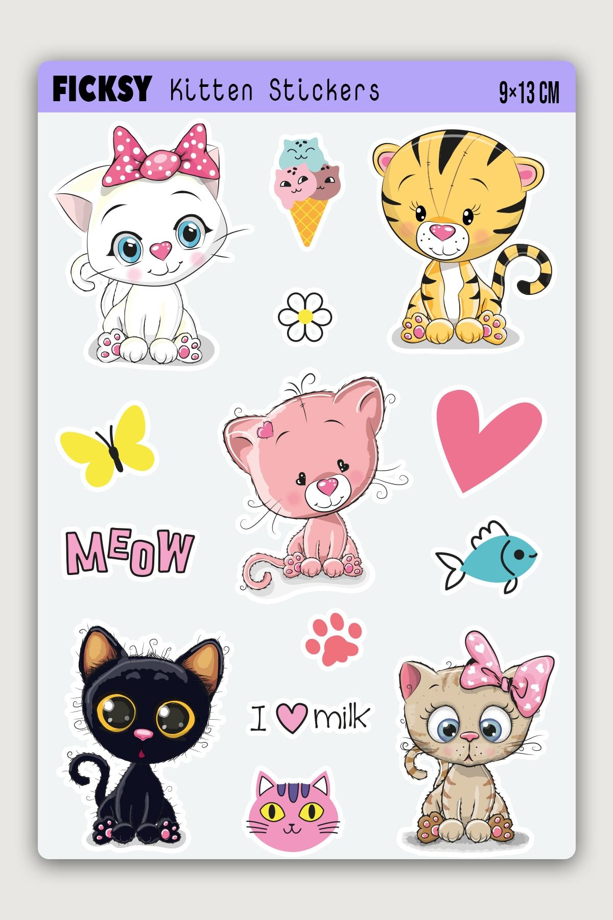 Ficksy Sevimli Yavru Kedi Sticker Seti - 14 Adet Etiket Çıkartma