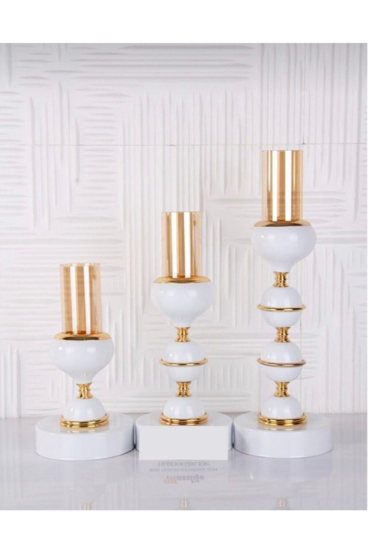 panayır Gold Detaylı Beyaz Şık Şamdanlık, Cam Mumluk