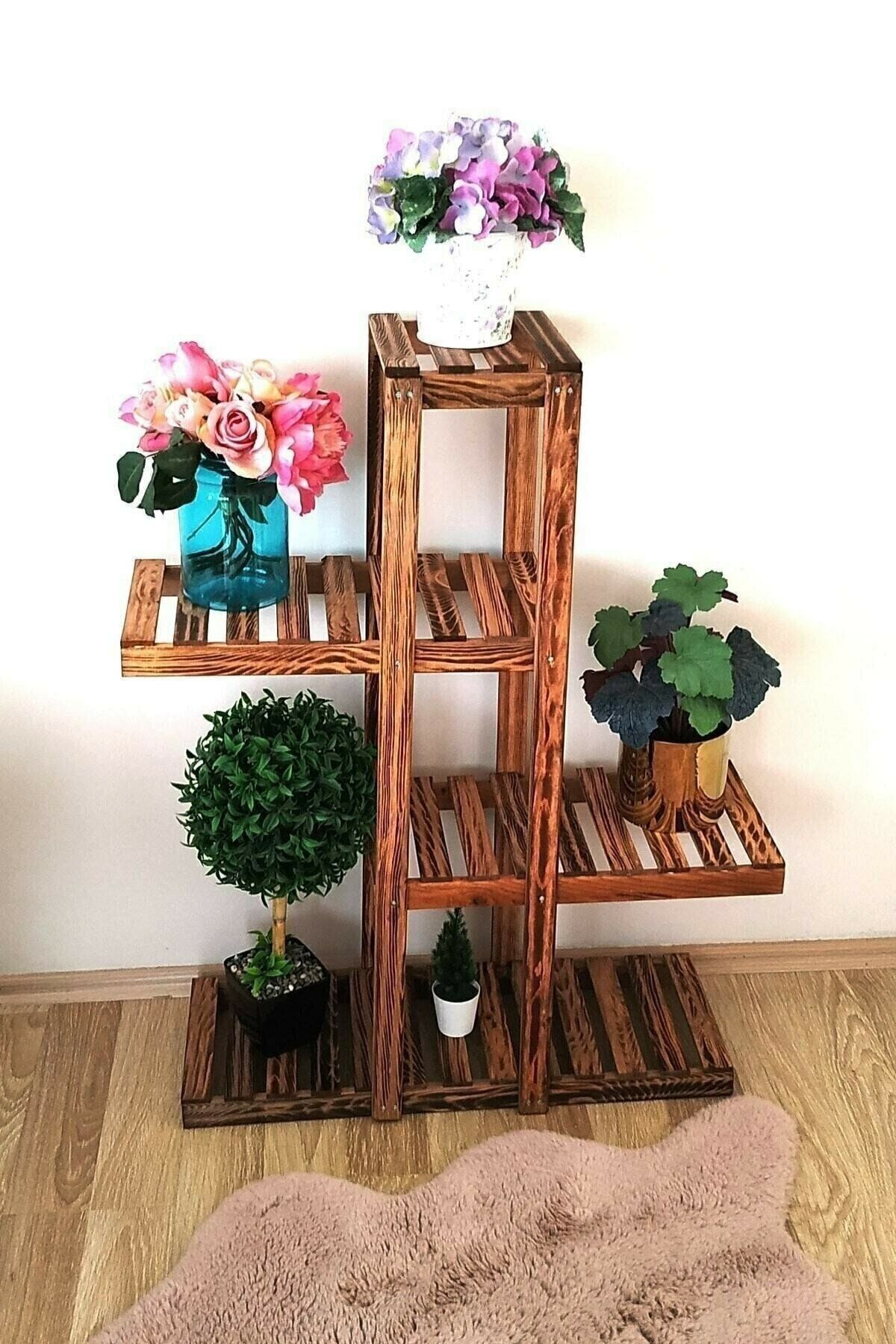 sedanur home Doğal Ahşap Dekoratif Balkon Bahçe Çiçeklik Saksı Standı Saksılık 90 Cm X 65 Cm