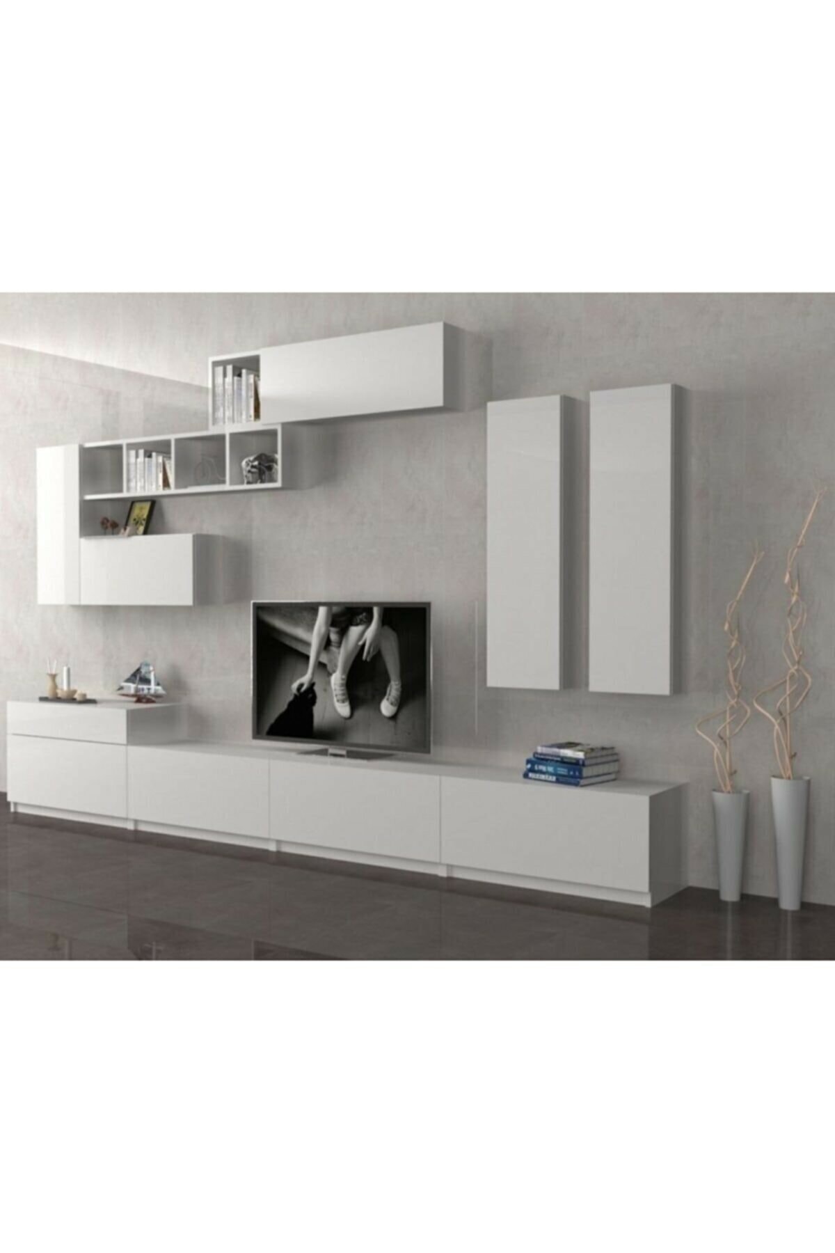 İstek Domino Tv Ünitesi Beyaz Raflı Dolaplı Ünite