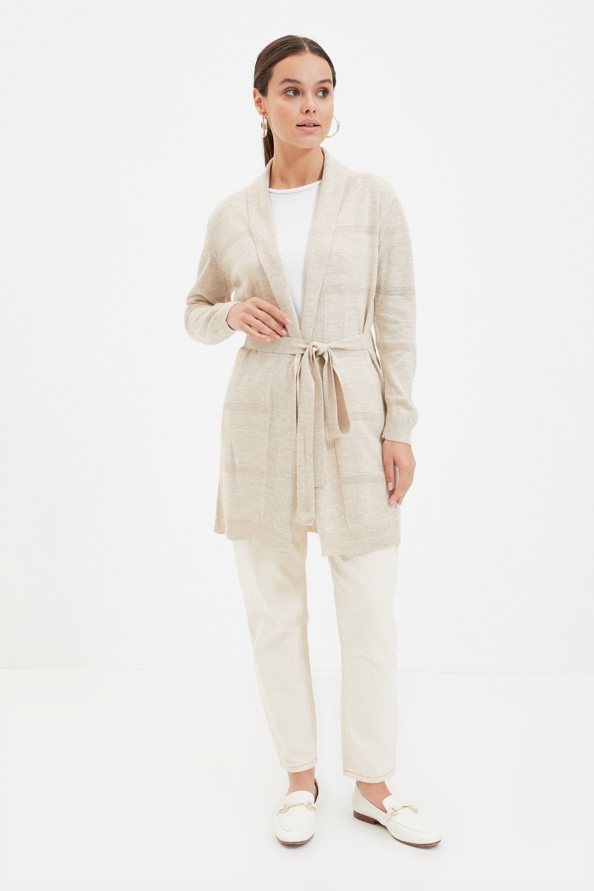 Trendyol Modest Vizon Kuşaklı V Yaka Triko Hırka TCTAW22TH0076