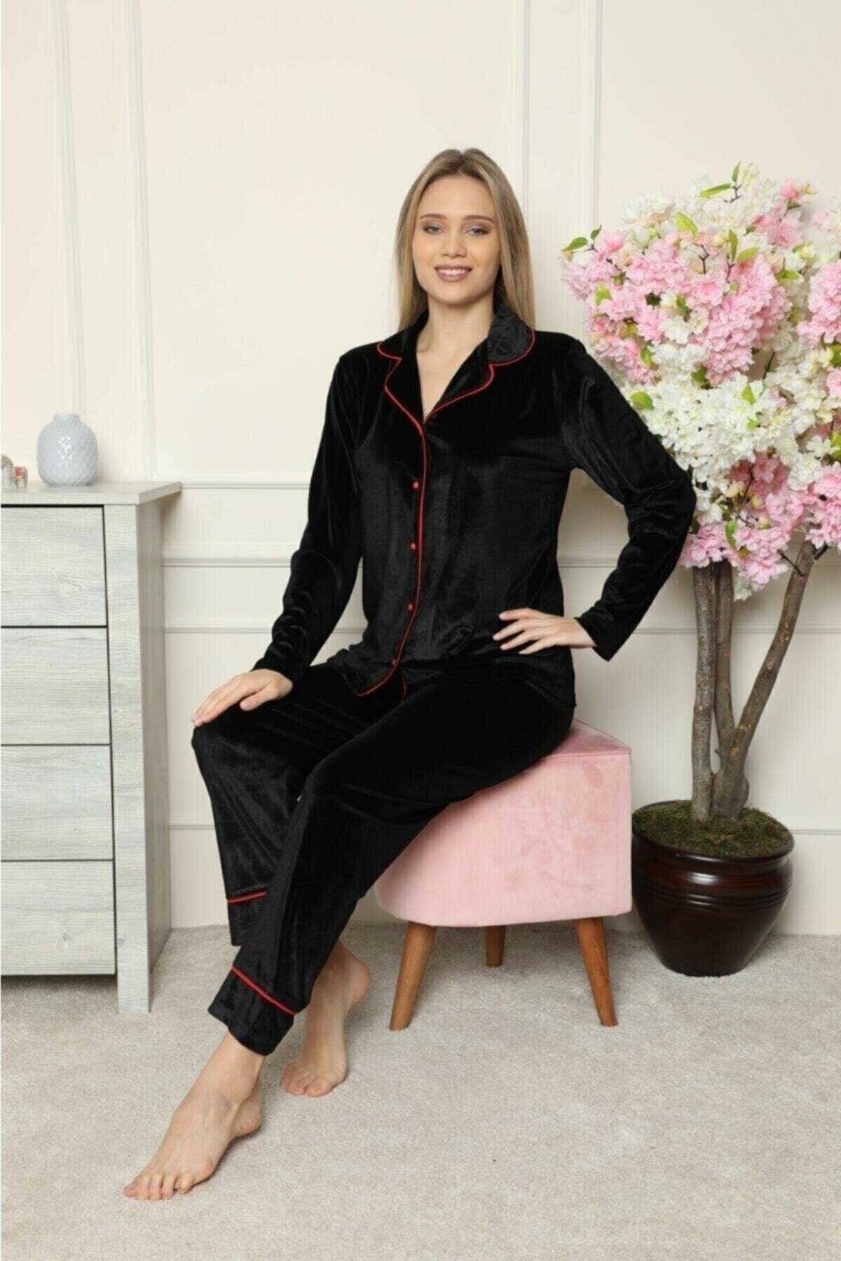 Sude Mihra 1545-1 Siyah Kadın Kadife Pijama Takımı