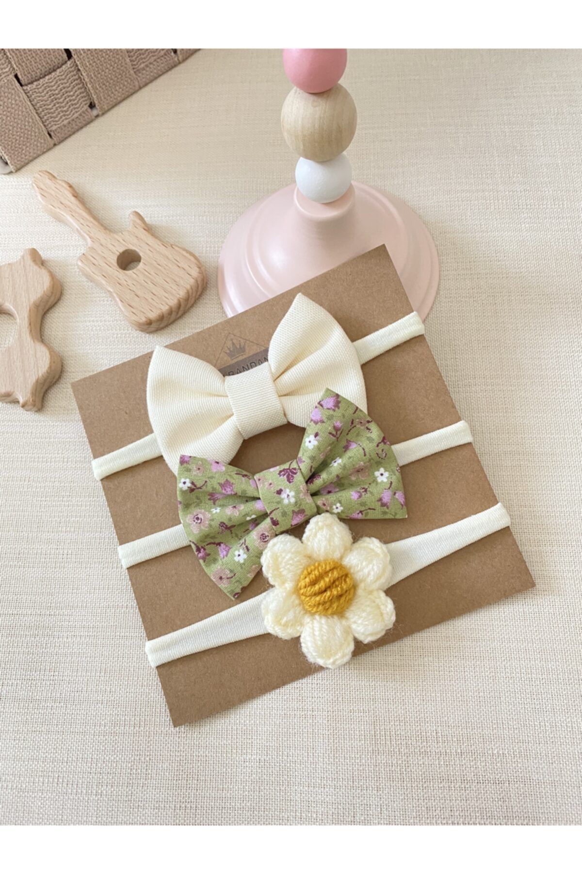 Derinkids 3'lü Yeşil Pıtırcık Çiçekli Örgü Papatya Çocuk Bandana Seti