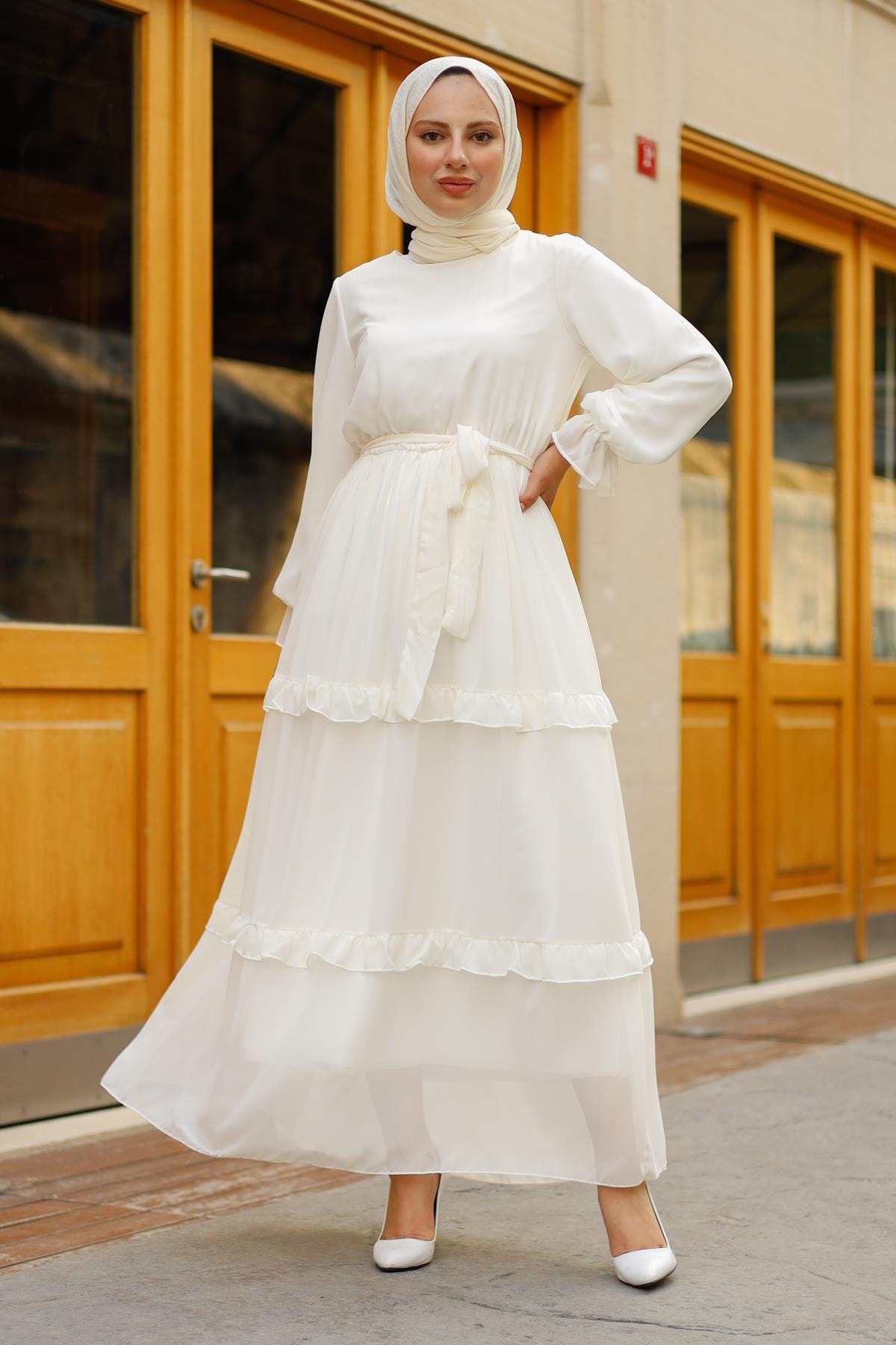 meqlife Kolları Büzgülü Katkat Abiye Beyaz