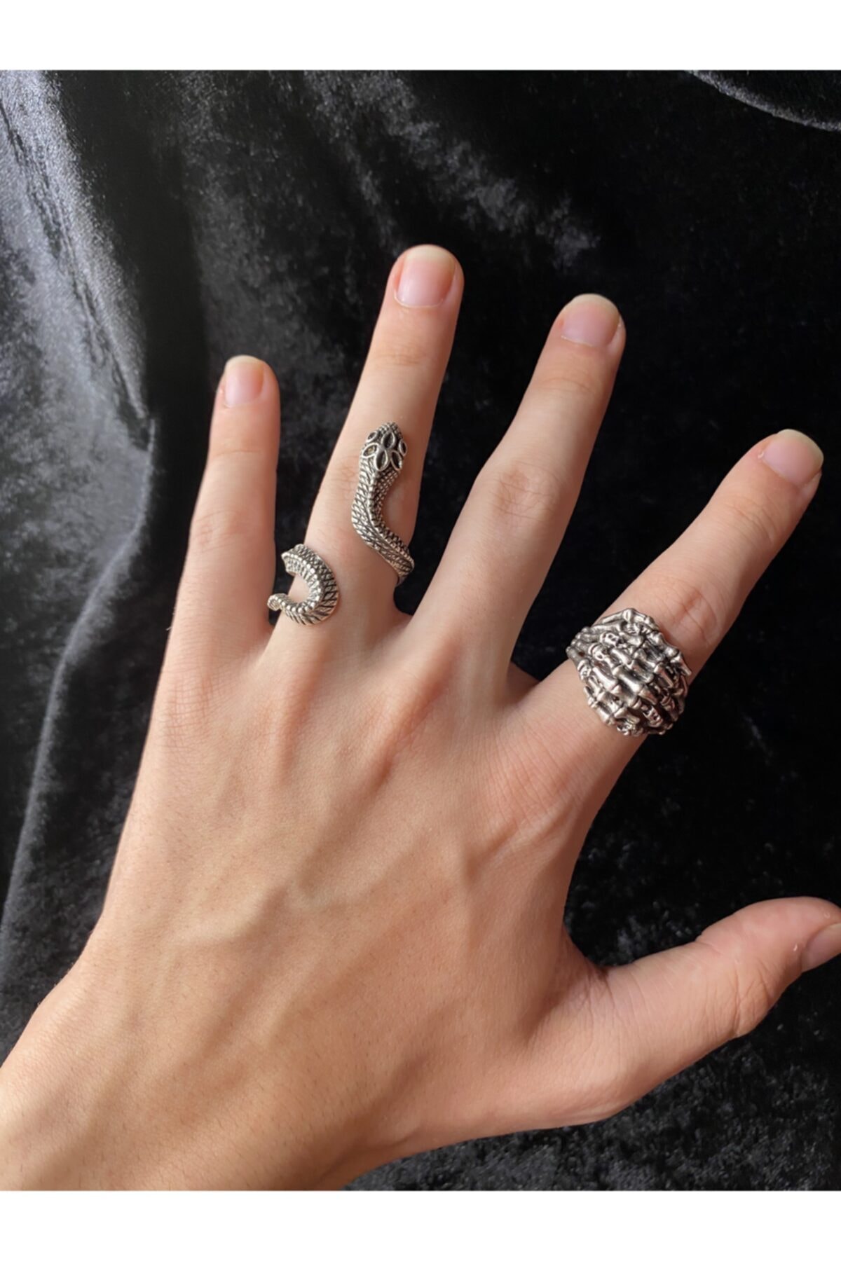 Mask Hilda Antik Gümüş Kaplama Iskelet El Yılan Şekilli El Yapımı Unisex Ayarlanabilir 2'li Yüzük Seti