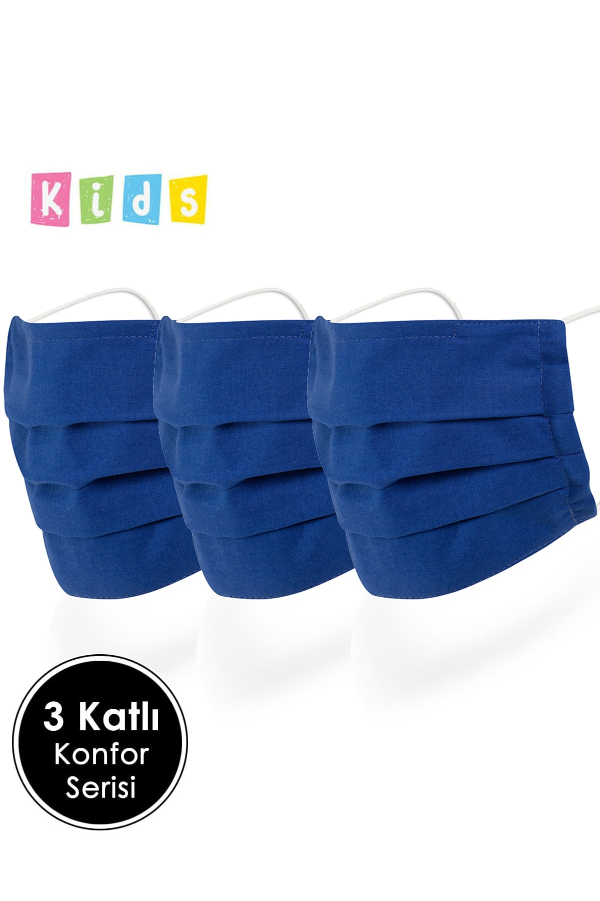 Mutlu Maske 07-16 Yaş Çocuklar Için Lacivert Telli 3 Katlı Pamuklu Kumaş Yıkanabilir Bez Çocuk Maskesi 3'lü