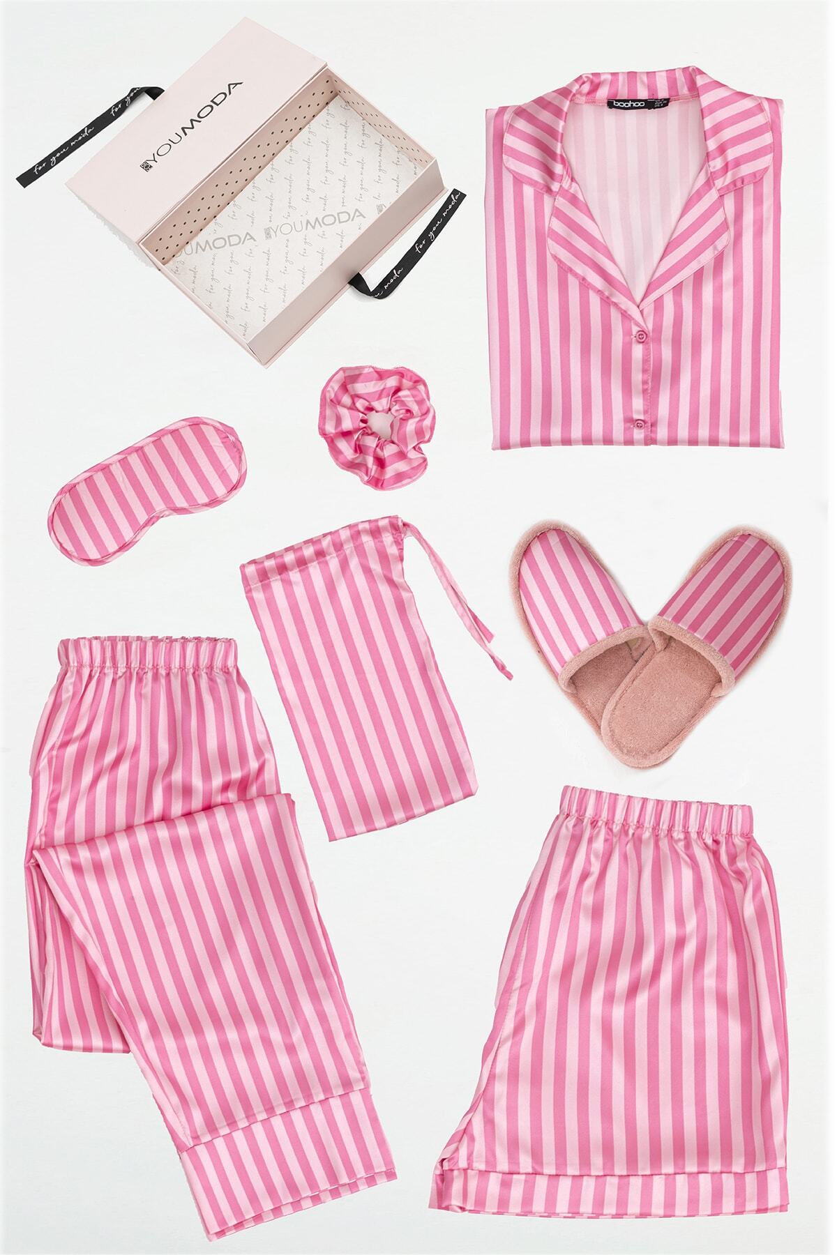 FOR YOU MODA 6 Lı Cizgili Saten Pijama Takım