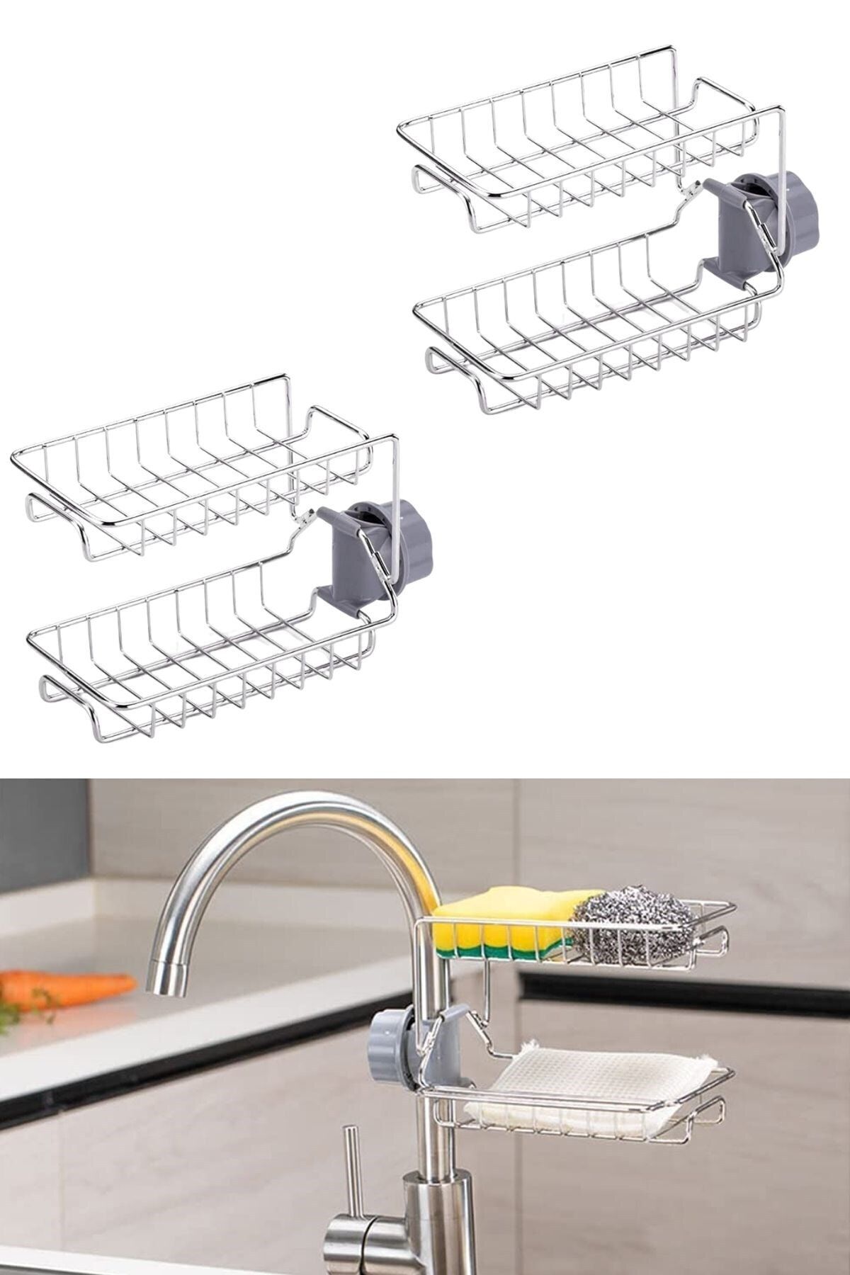 Buffer 2 Adet Paslanmaz Çelik Iki Katlı Mutfak Ve Banyo Organizer Musluk Sabunluk Şampuanlık Rafı