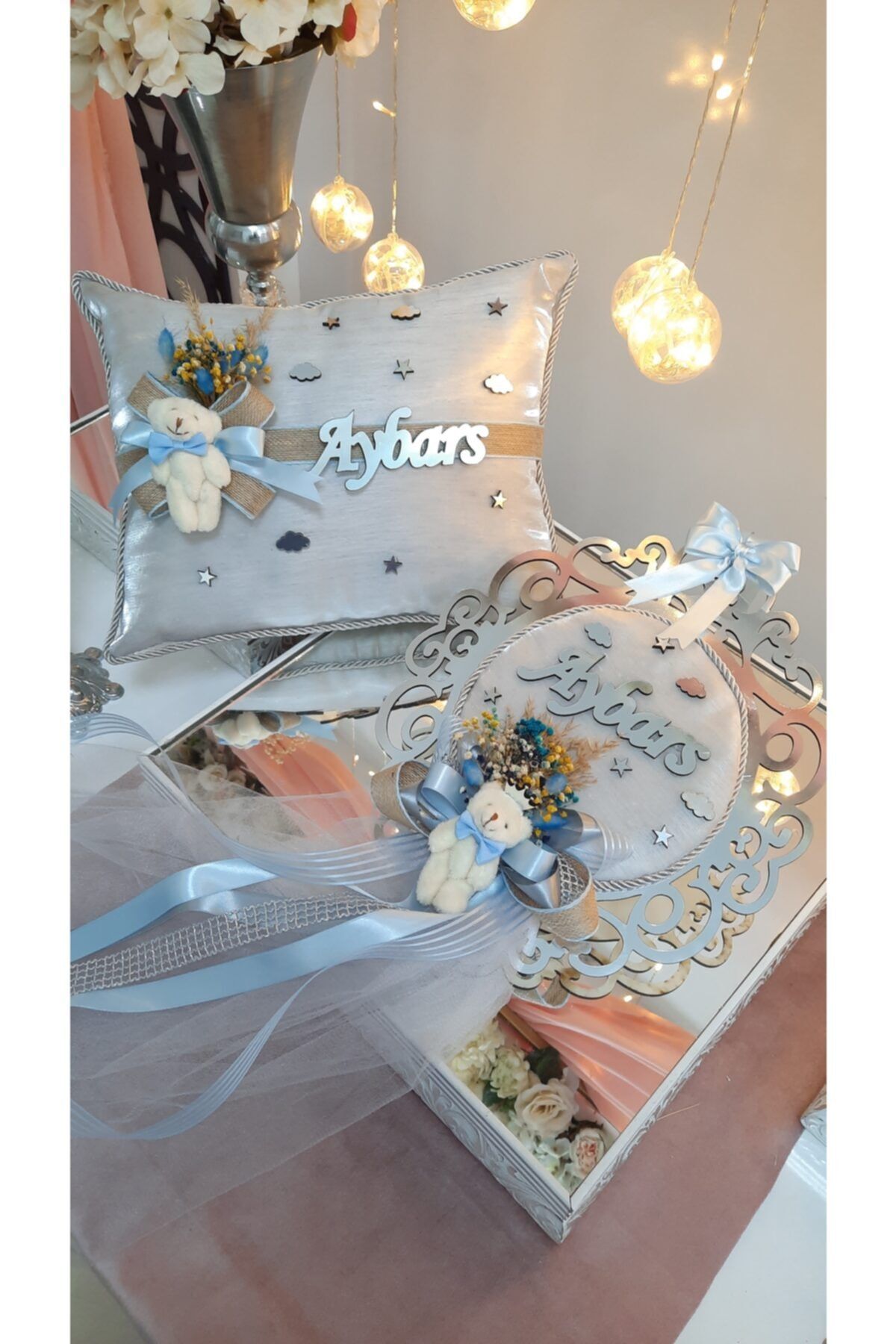 ARMAGAN BEBEK NİKAH ŞEKERİ Bebek Kapı Süsü ,yastık,terlik Taç 3 Lü Set Çerçeve Model