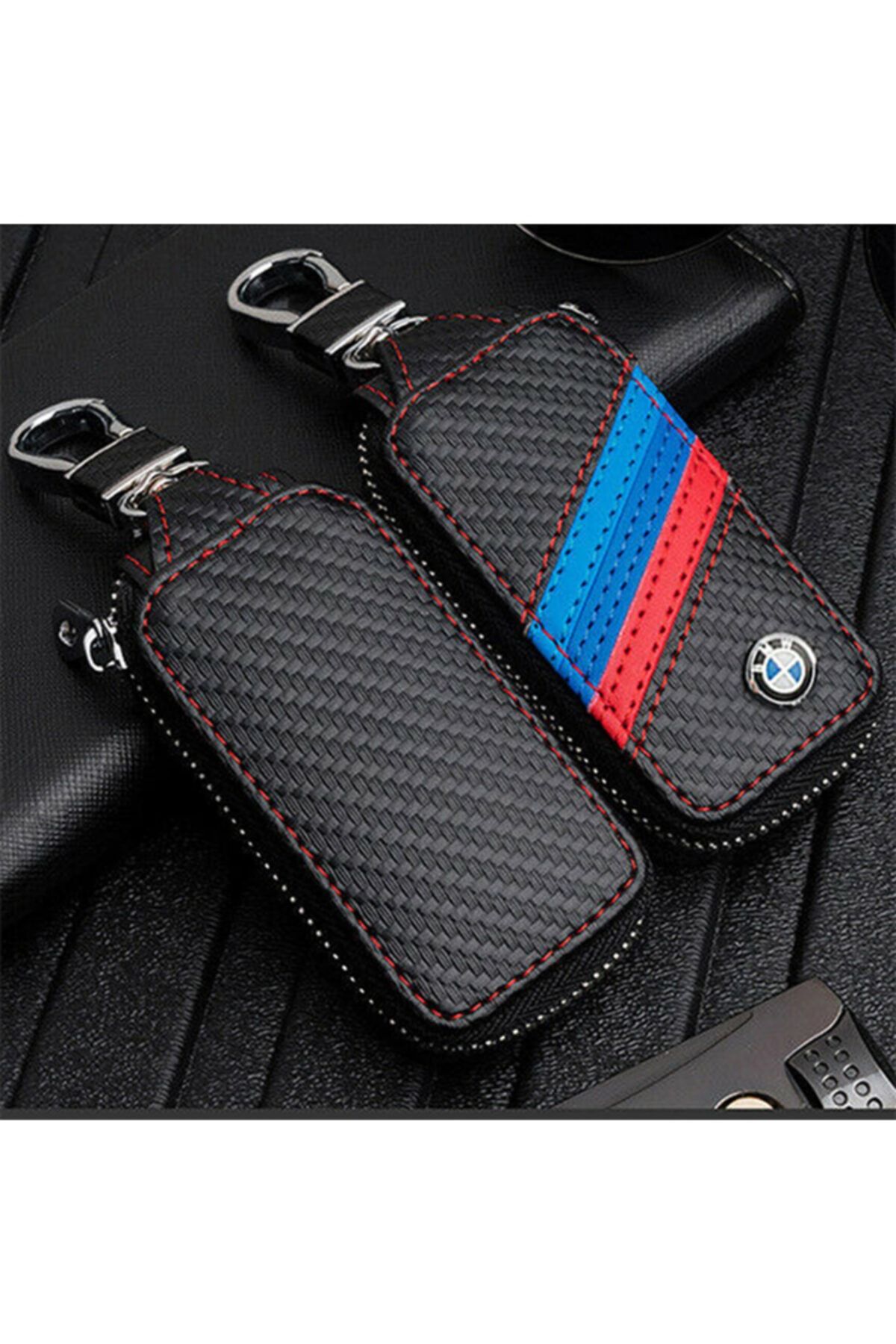 C9 BMW Logolu Şık Gerçek Deri Cüzdan Anahtarlık Mavi Lacivert Kırmızı Şeritli 9x4 Cm