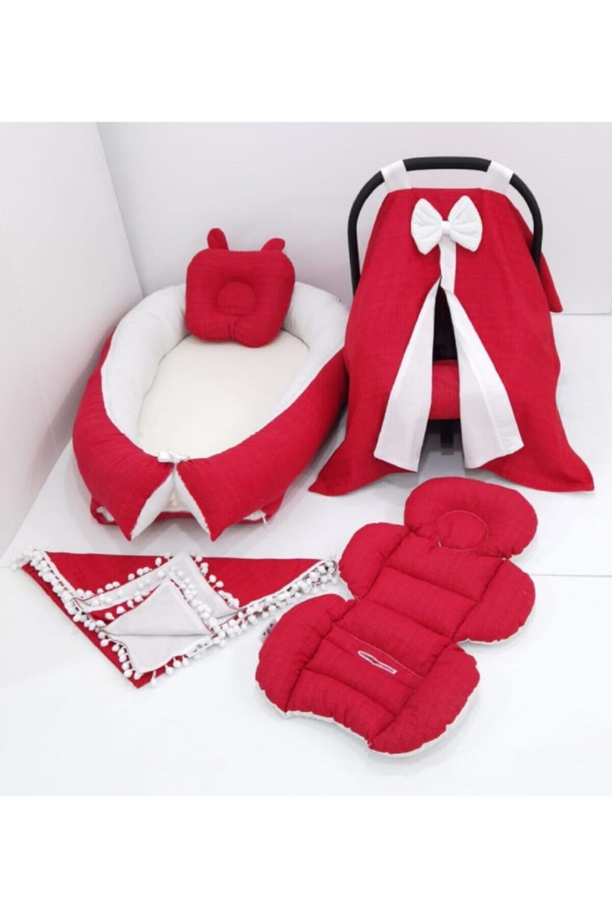 mordesign Ortopedik Bebek Puset Minderi, Çarşaf, Örtü, Pike Ve Anne Yanı Babynest Yatak, 6'lı Set, Kırmızı