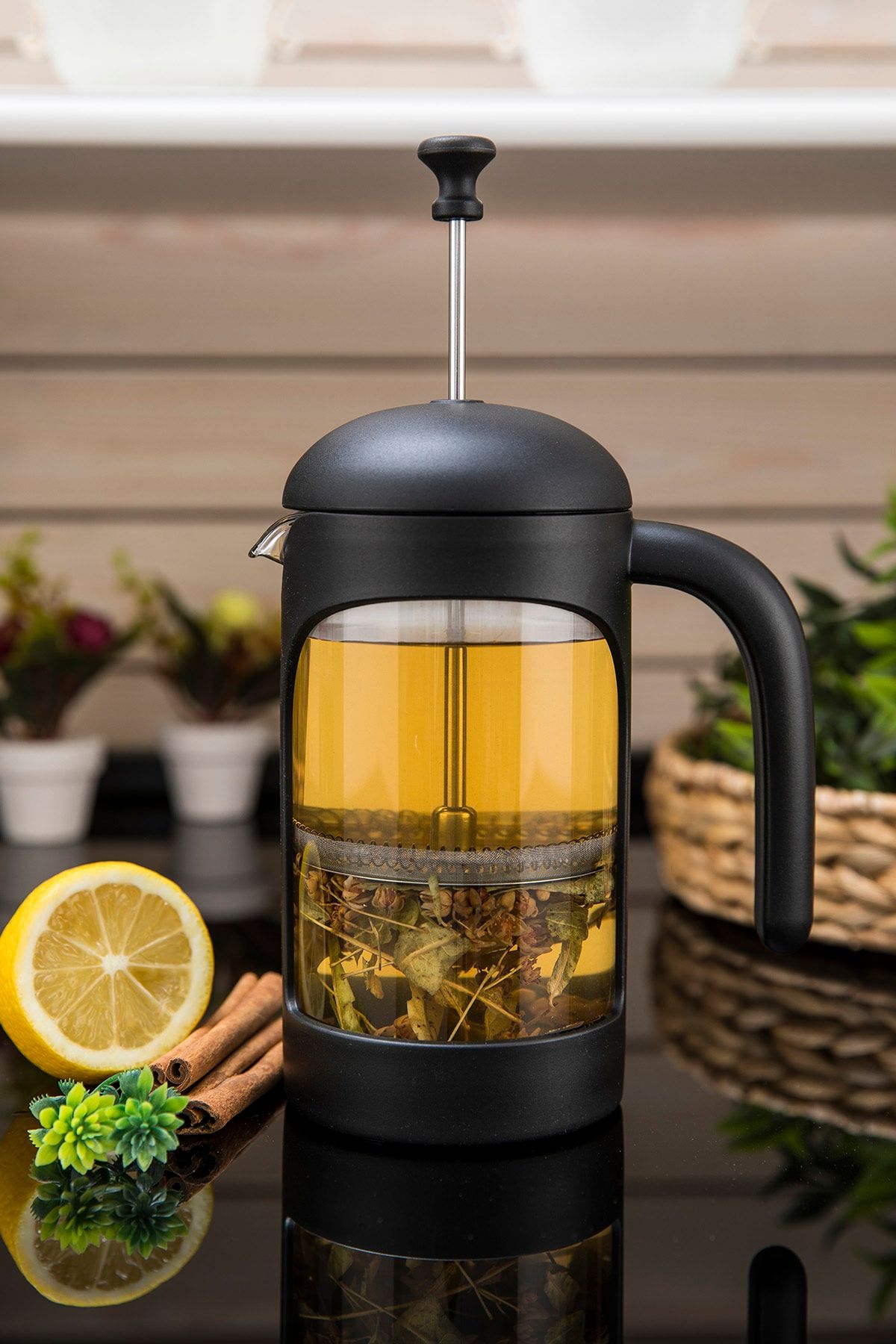 Hanne Borasilikat Cam Bitki Çayı Kahve Demliği Siyah French Press 600 ml