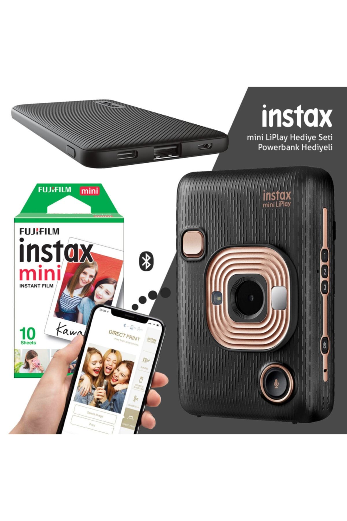 Fujifilm Instax Mini Liplay Hybrid Elegant Black Fotoğraf Makinesi - 10'lu Mini Film Ve Powerbank Hediyeli