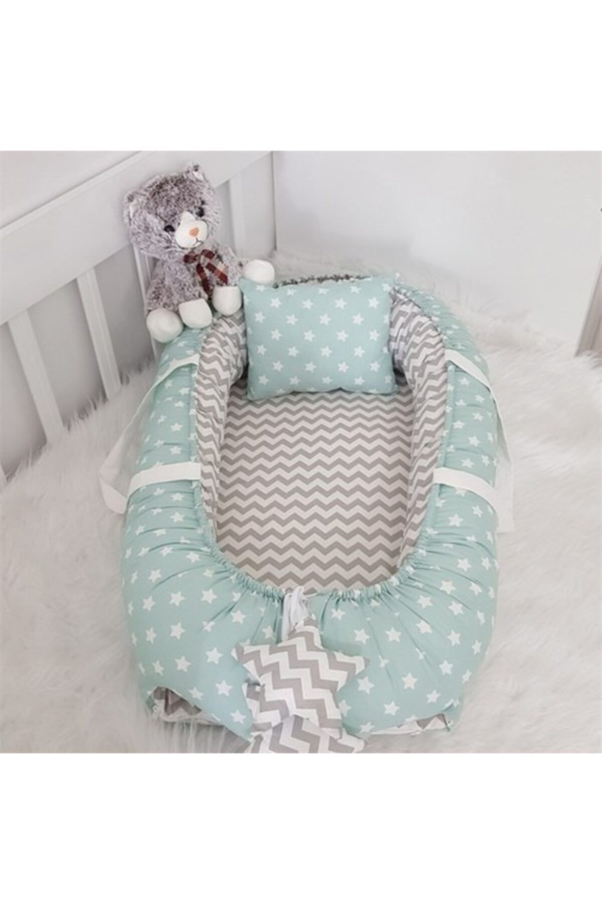 Jaju Baby Yeşil Yıldız Gri Zikzak Lüx Ortopedik Baby Nest