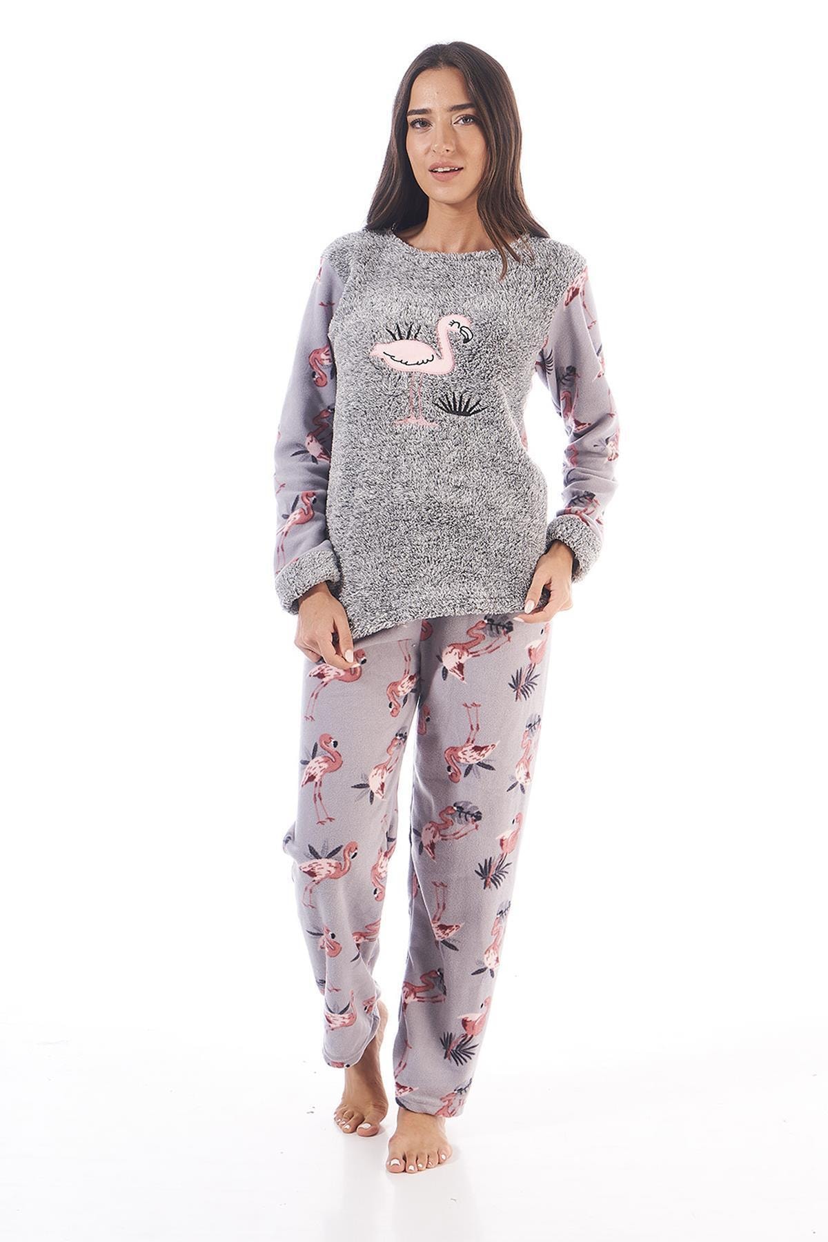 Estiva Kadın Flamingo Desenli Peluş Polar Pijama Takımı