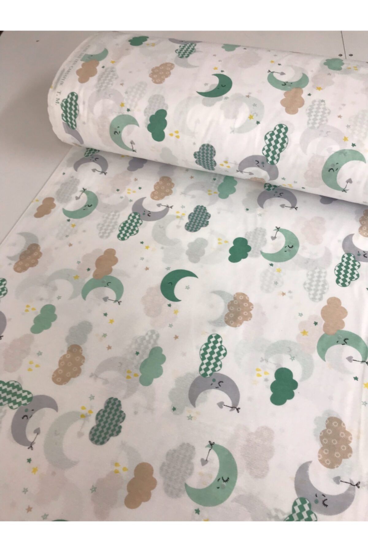 Bebek Özel Pamuklu Bebek Çocuk Lastikli Çarşaf 50x90 Beyaz Yeşil Ay Bulut