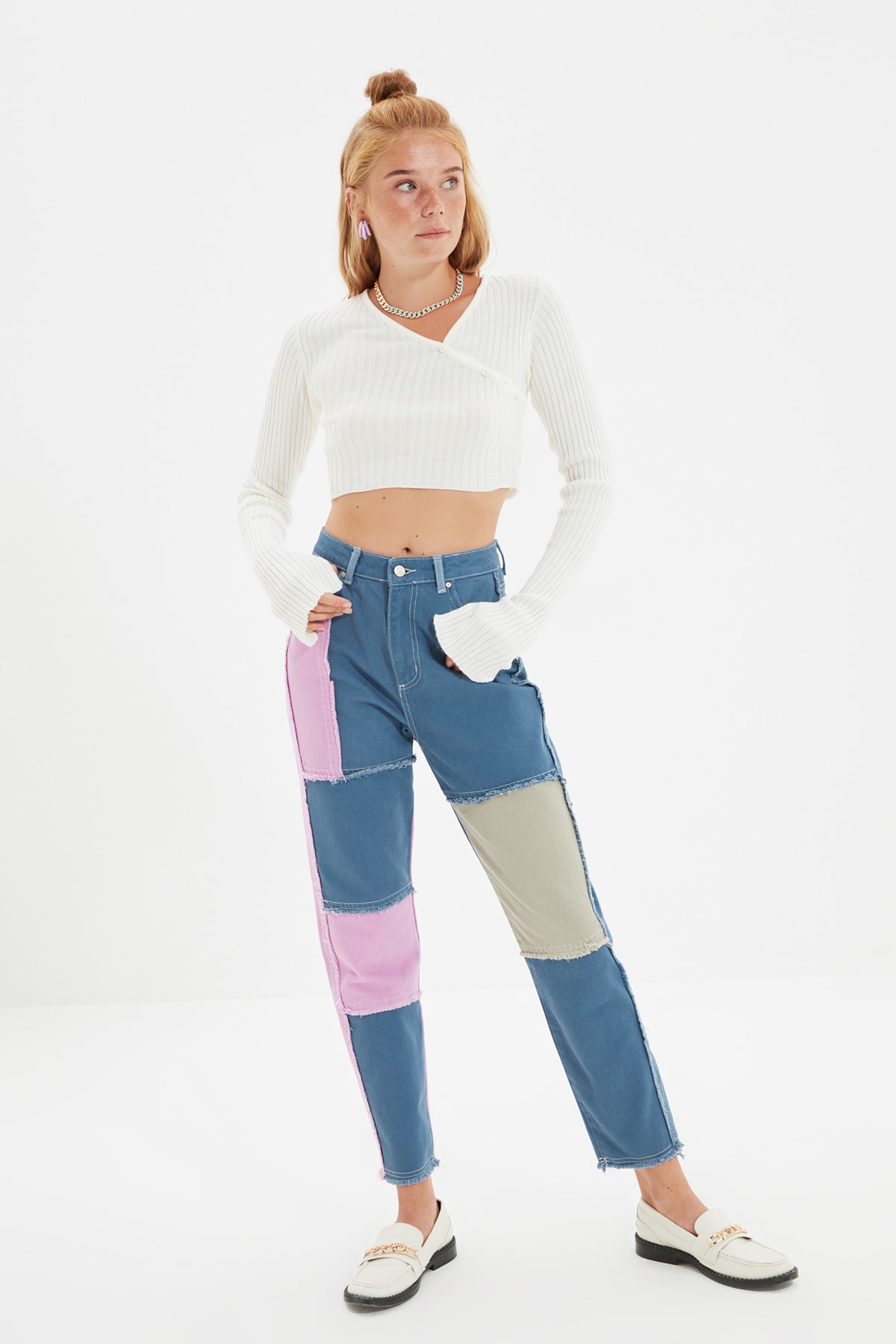 TRENDYOLMİLLA Çok Renkli Renk Bloklu Yüksek Bel Mom Jeans TWOAW22JE0427