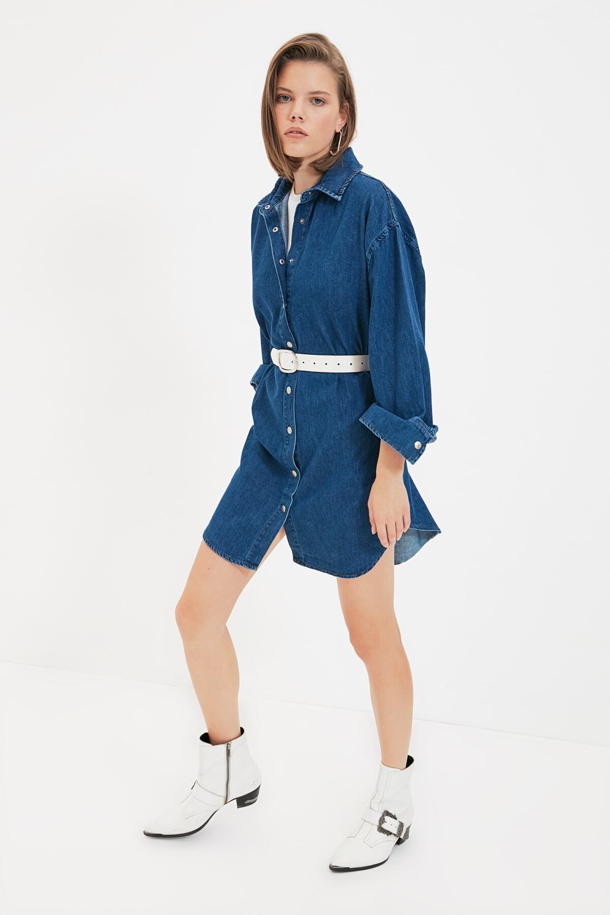 TRENDYOLMİLLA Mavi Oversize Denim Elbise TWOAW22EL1377