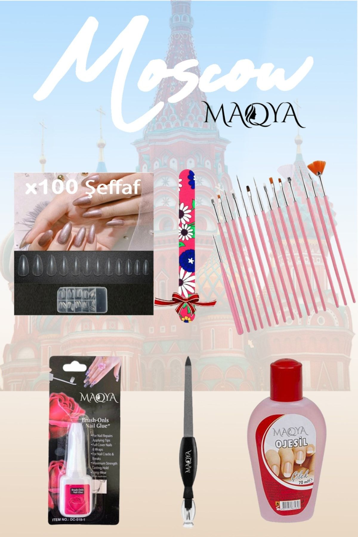 MAQYA Cosmetics Moscow Tırnak Bakım & Tırnak Süsleme Pembe Fırça Seti (kağıt Törpü)