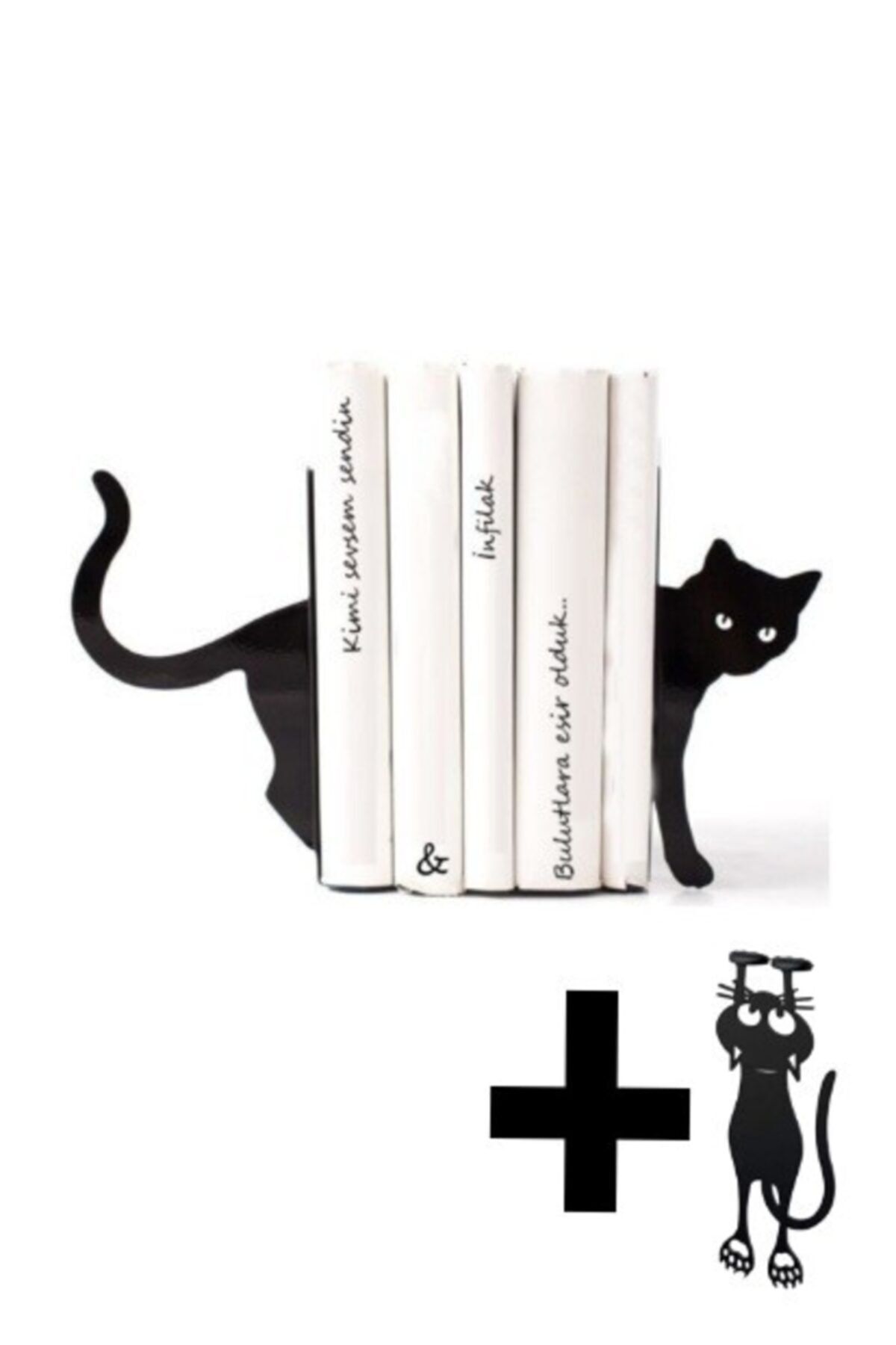 You Bella Kara Kedi Desenli Model Kitap Desteği Hediyelik Dekoratif Estetik Kitap Tutucu 2'li Set Siyah