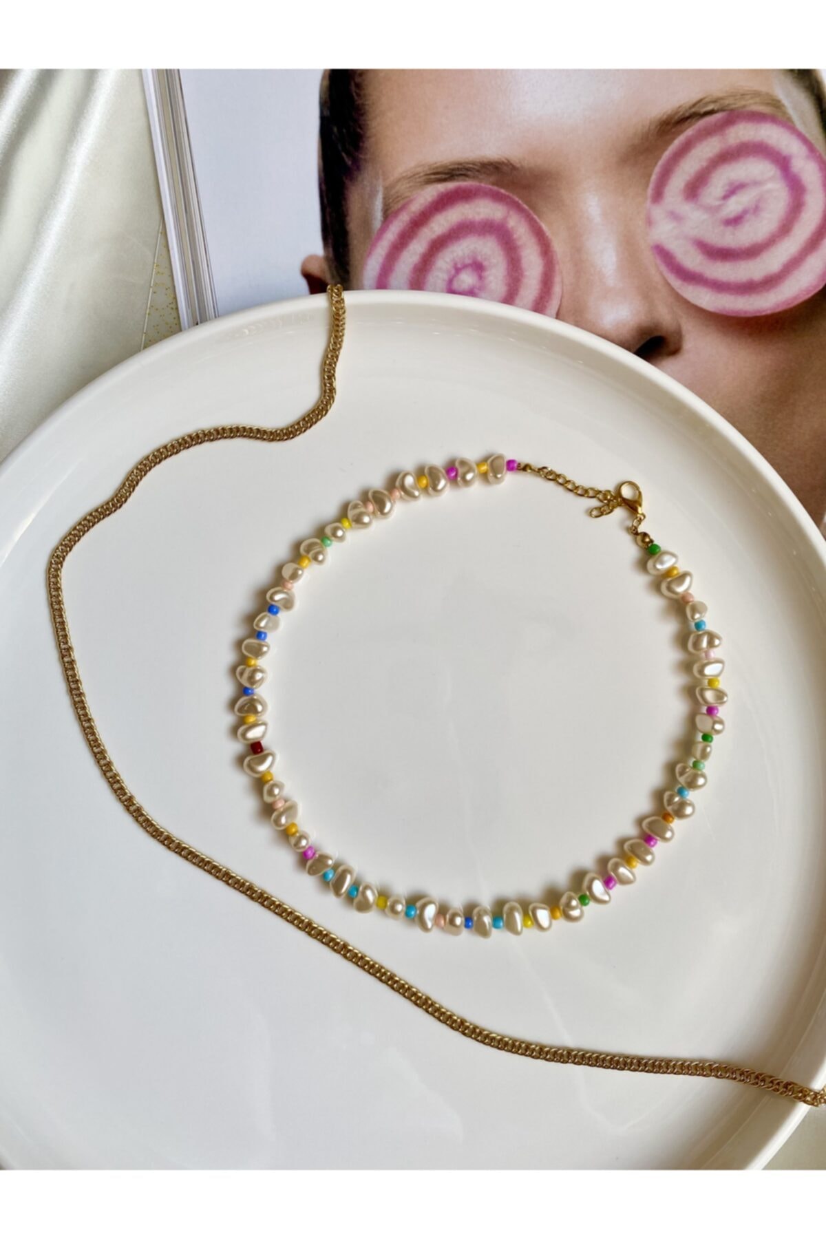 YOUES JEWELRY Yeni Form Incili Renkli Boncuklu Choker