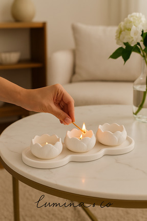 Beyaz 7’li Lotus Tealight Mumluk Seti – Dekoratif Beton Tasarım Image 0