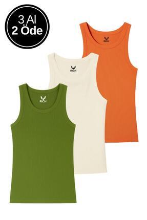 Kadın 3'lü Paket Turuncu-Krem-Yeşil Sıfır Kol Kaşkorse Body - Bisiklet Yaka %100 Pamuk Atlet Bluz Image 0