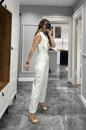 Gold Düğmeli Geniş Yaka Tulum Beyaz Image 5