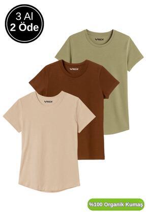 Kadın 3'lü Paket Kahverengi-Haki-Bej %100 Organik Pamuk Normal Kesim Tişört Bisiklet Yaka T-Shirt Image 0