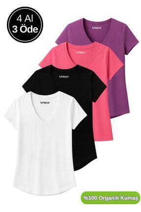 Kadın 4'lü Paket Siyah-Beyaz-Mor-Pembe %100 Organik Pamuk Tişört V Yaka T-Shirt Image 0
