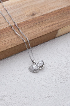 Palm Mama Jewelry Deniz Kabuğu Inci Detaylı Gümüş Zirkon Taşlı Zincir Paslanmaz Çelik Kolye - 3390 Image 0