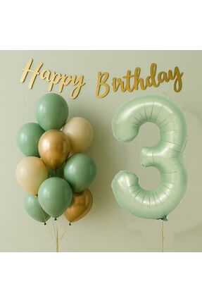 3 Yaş Doğum Günü Balon Seti Küf Yeşili Konsept Folyo Balon Happy Birthday Banner Balon Buketi Image 0