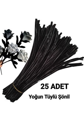 25 Adet Siyah Şönil, Çiçek Yapımına Uygun Tüylü Tel, 30 Cm 6 Mm Image 0